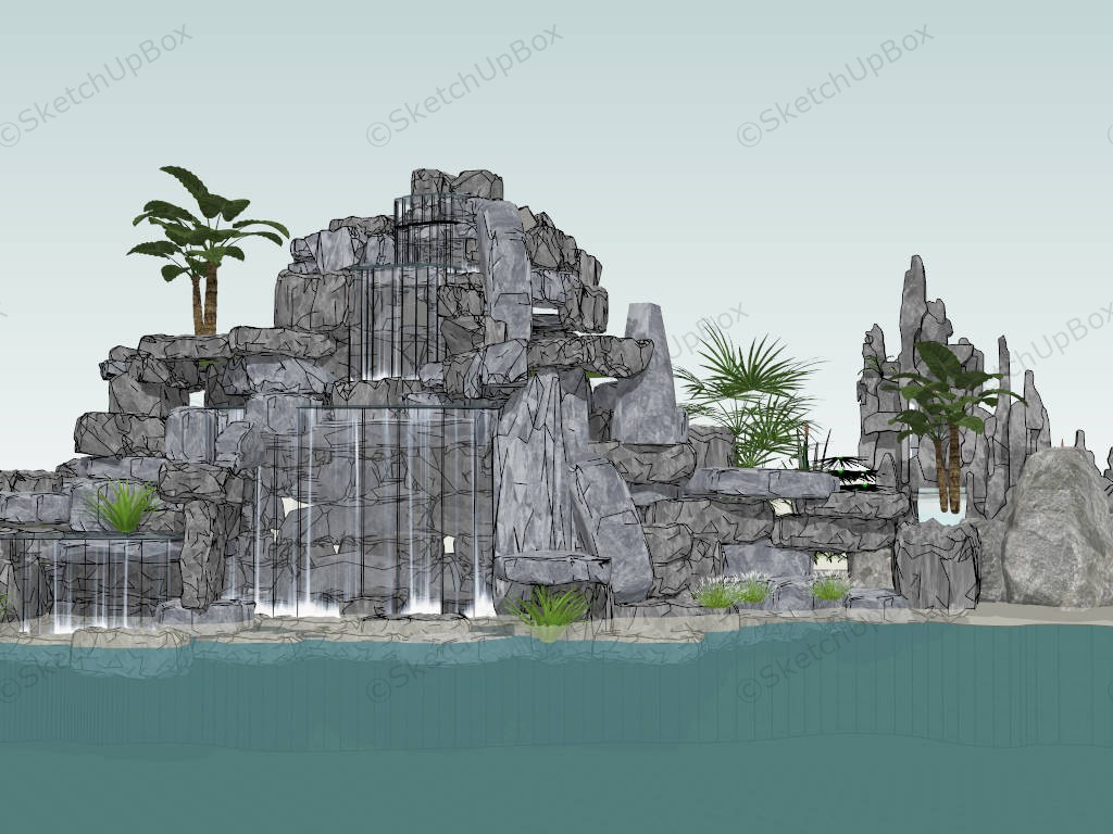 Waterfall Chinese Rock Garden sketchup model preview - SketchupBox