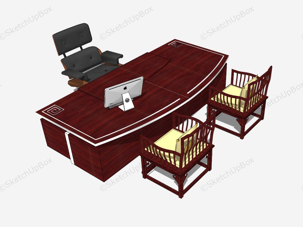 Asian Style Executive Desk And Chairs sketchup model preview - SketchupBox