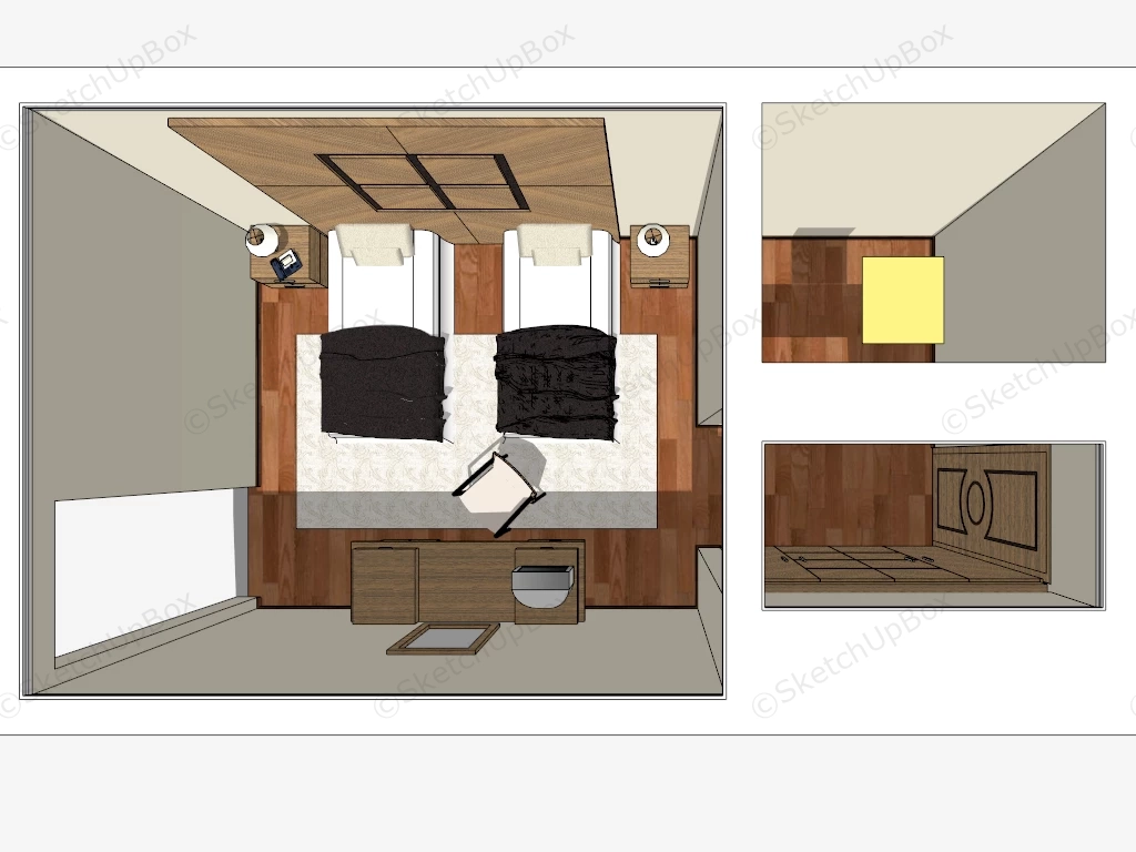 Twin Bed Hotel Room Design sketchup model preview - SketchupBox