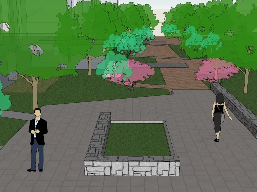 Square Park Landscaping Idea sketchup model preview - SketchupBox