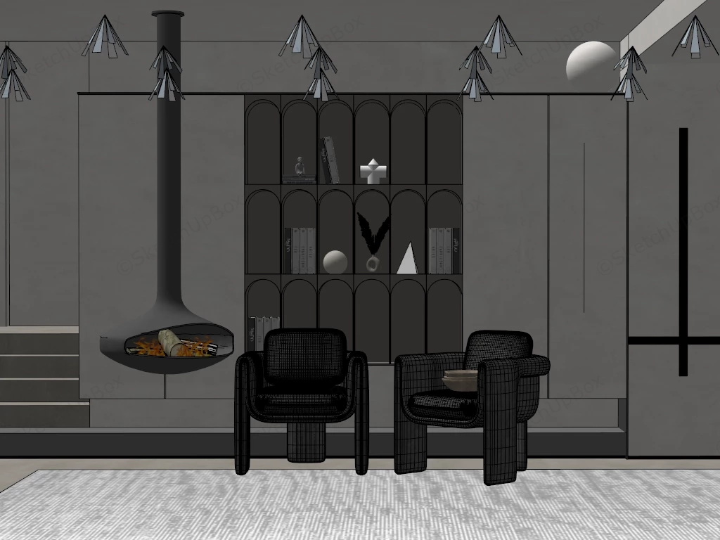 Living Room With Accent Chairs And Fireplace sketchup model preview - SketchupBox