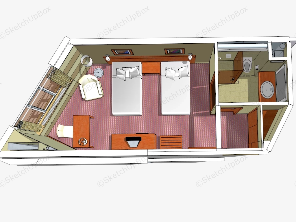Twin Bed Motel Room sketchup model preview - SketchupBox