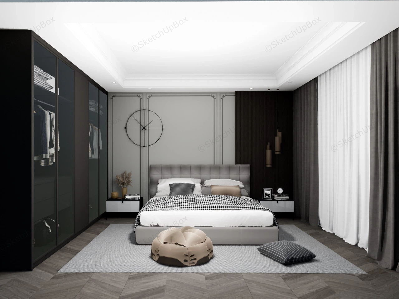 Grey Bedroom With Wardrobe sketchup model preview - SketchupBox