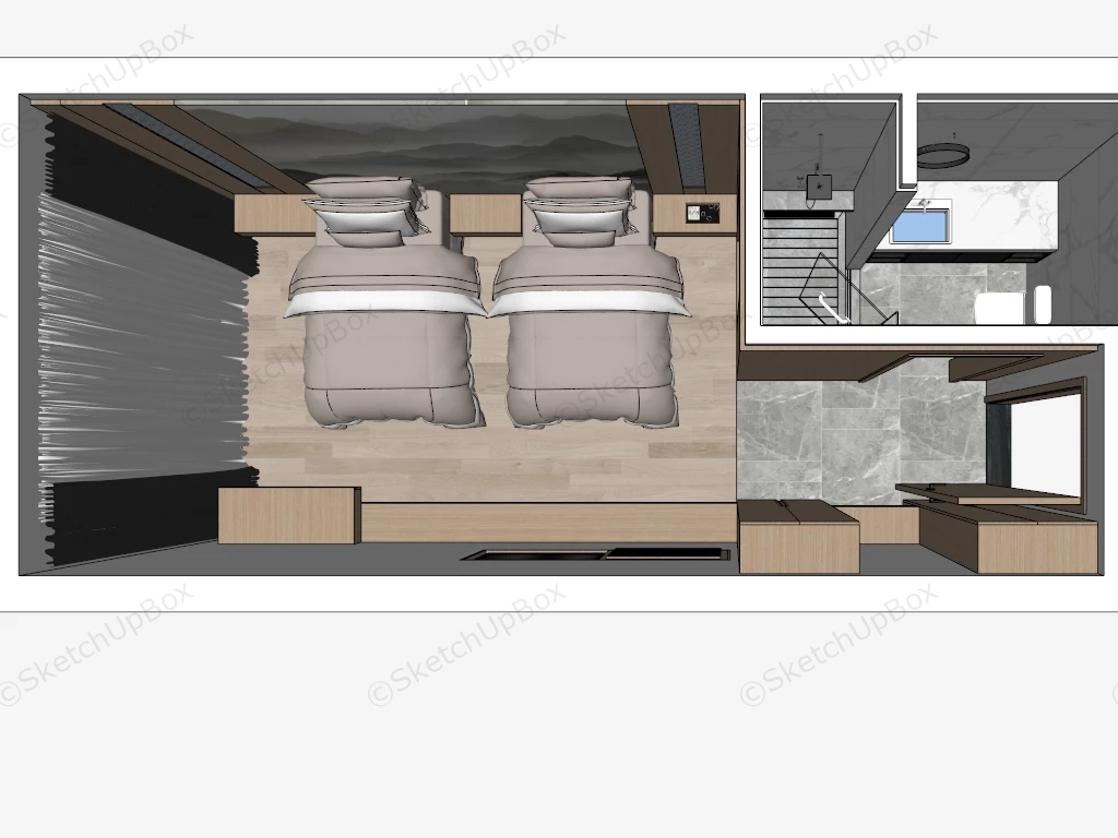 Standard Twin Bed Room sketchup model preview - SketchupBox