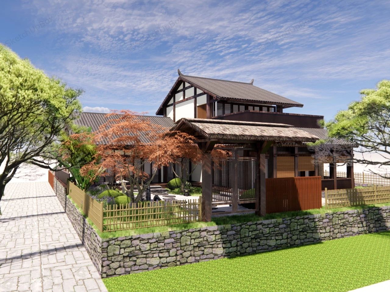 Traditional Japanese House With Garden Design sketchup model preview - SketchupBox