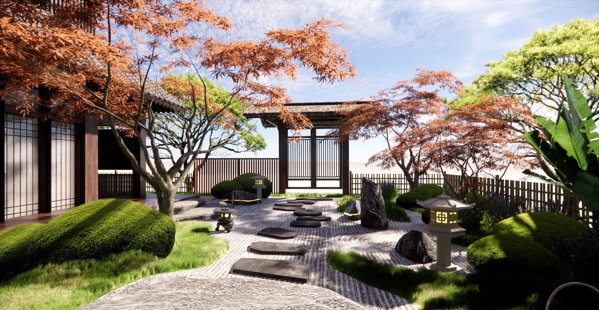 Traditional Japanese House With Garden Design sketchup model preview - SketchupBox