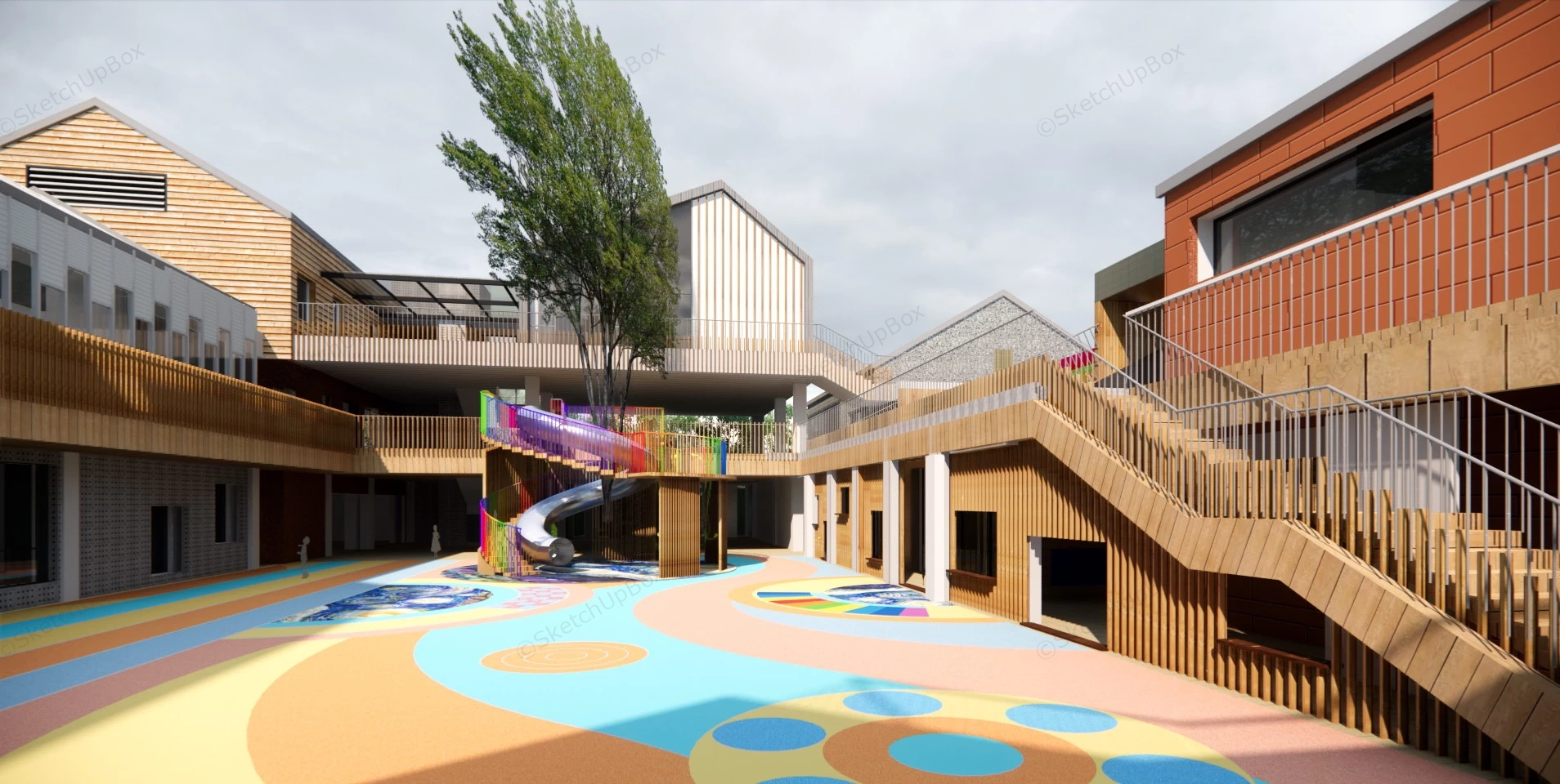 Modern Kindergarten School Buildings And Playground sketchup model preview - SketchupBox