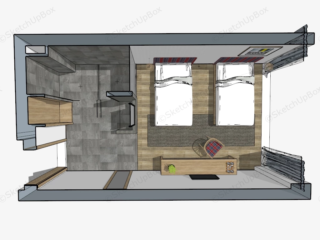 Budget Hotel Twin Room sketchup model preview - SketchupBox