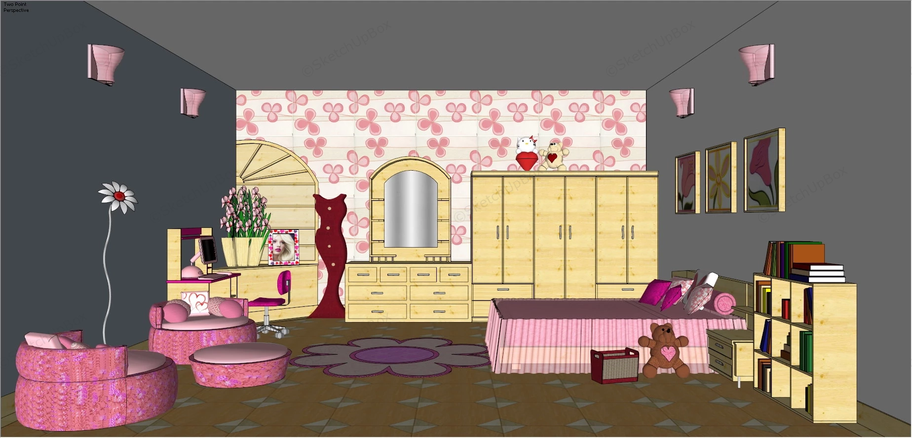 Teen Girl Bedroom Design Idea sketchup model preview - SketchupBox