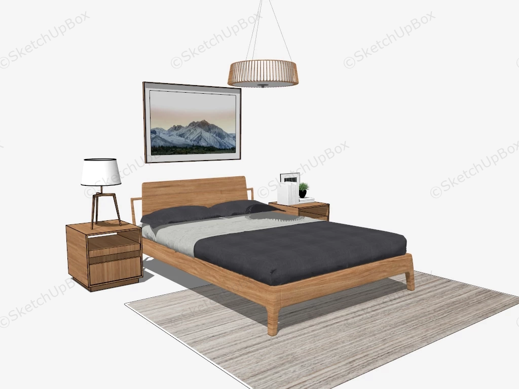 Wooden Platform Bed And Nightstands sketchup model preview - SketchupBox