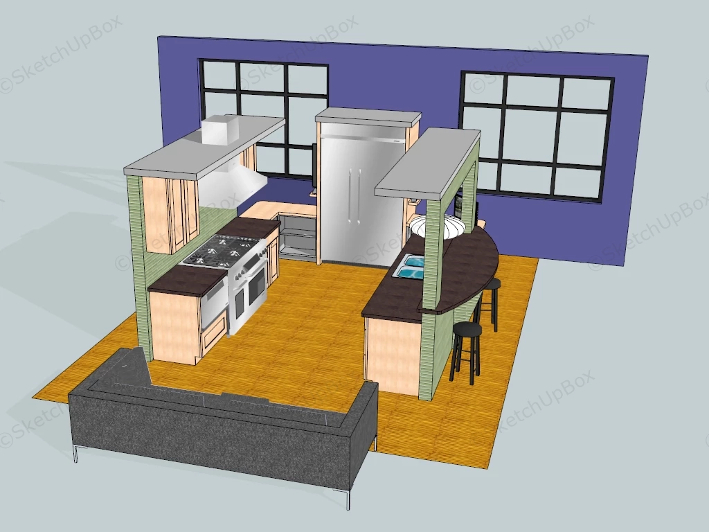 Traditional Kitchen With Bar sketchup model preview - SketchupBox