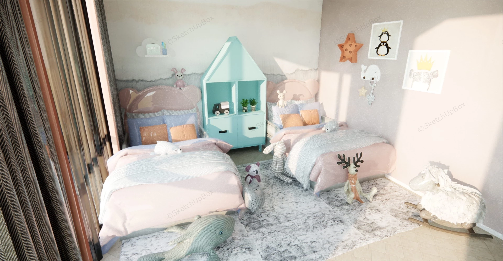 Twin Bed Girls Room Idea sketchup model preview - SketchupBox