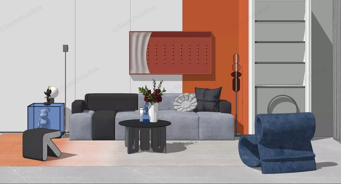 Red And Grey Living Room Idea sketchup model preview - SketchupBox