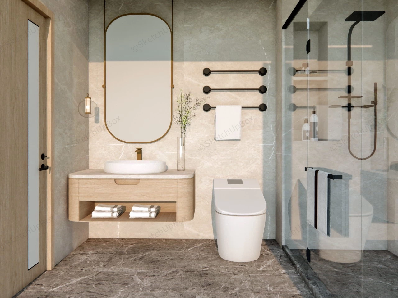 Modern Bathroom With Shower And Toilet sketchup model preview - SketchupBox