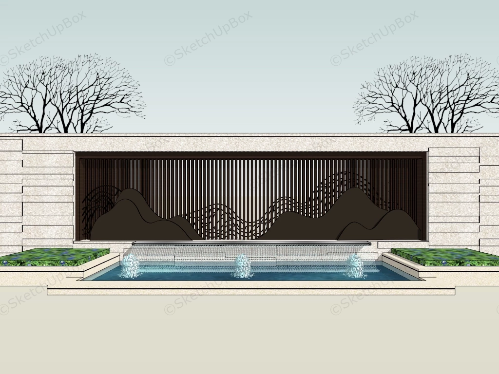 Asian Style Landscaped Wall And Fountain sketchup model preview - SketchupBox