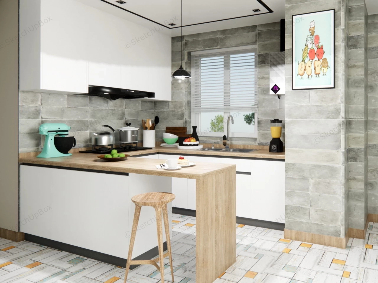 Small Apartment Kitchen With Breakfast Bar sketchup model preview - SketchupBox