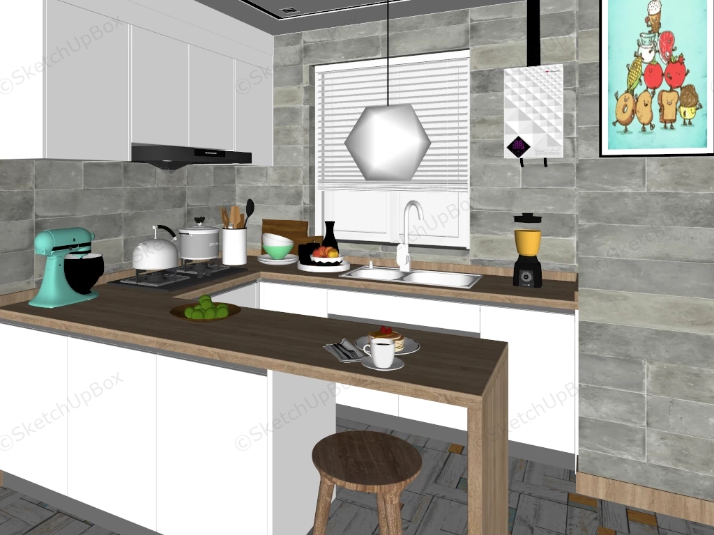 Small Apartment Kitchen With Breakfast Bar sketchup model preview - SketchupBox