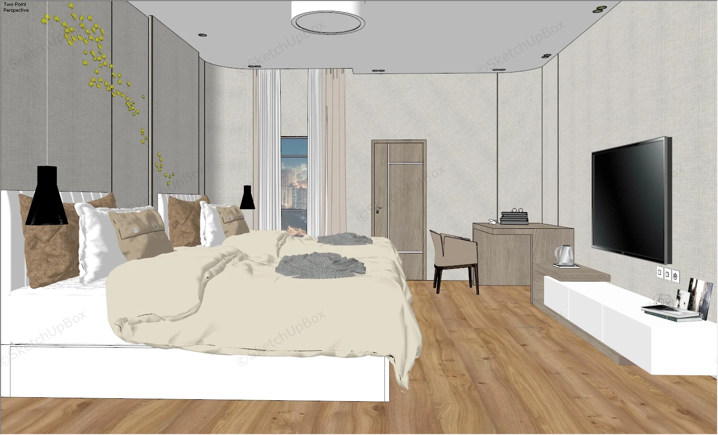 Twin Beds Guest Bedroom sketchup model preview - SketchupBox