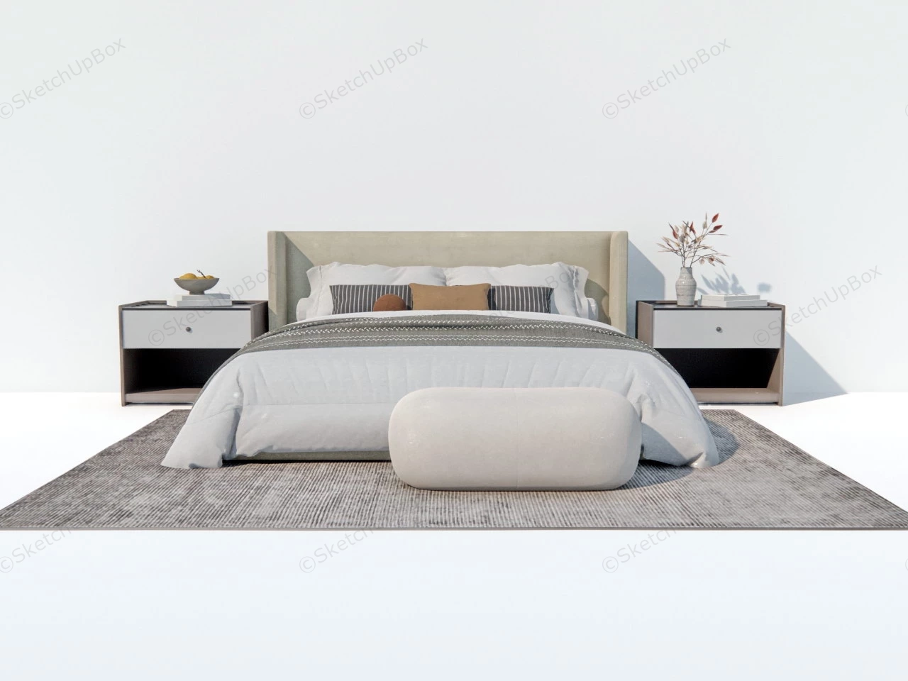 Grey Upholstered Bed With Nightstands sketchup model preview - SketchupBox