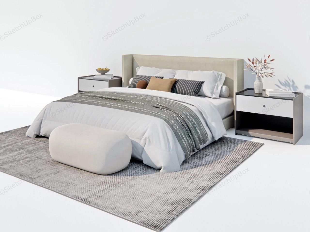 Grey Upholstered Bed With Nightstands sketchup model preview - SketchupBox