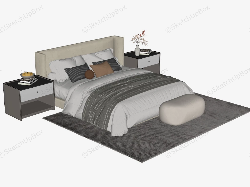 Grey Upholstered Bed With Nightstands sketchup model preview - SketchupBox