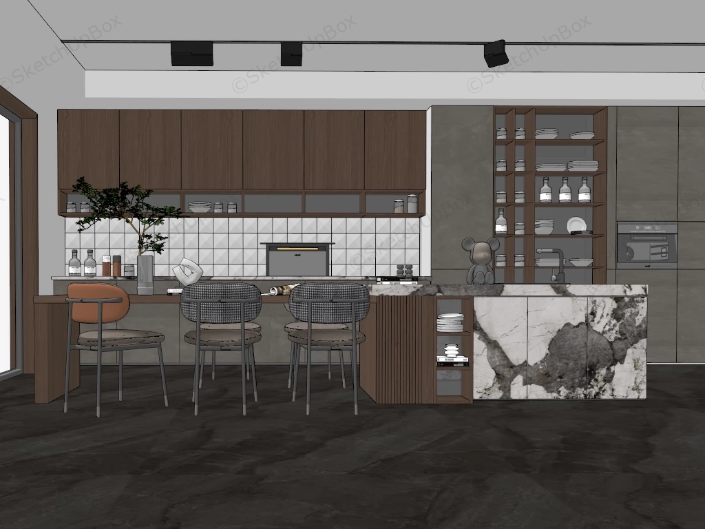 Straight Kitchen With Island sketchup model preview - SketchupBox