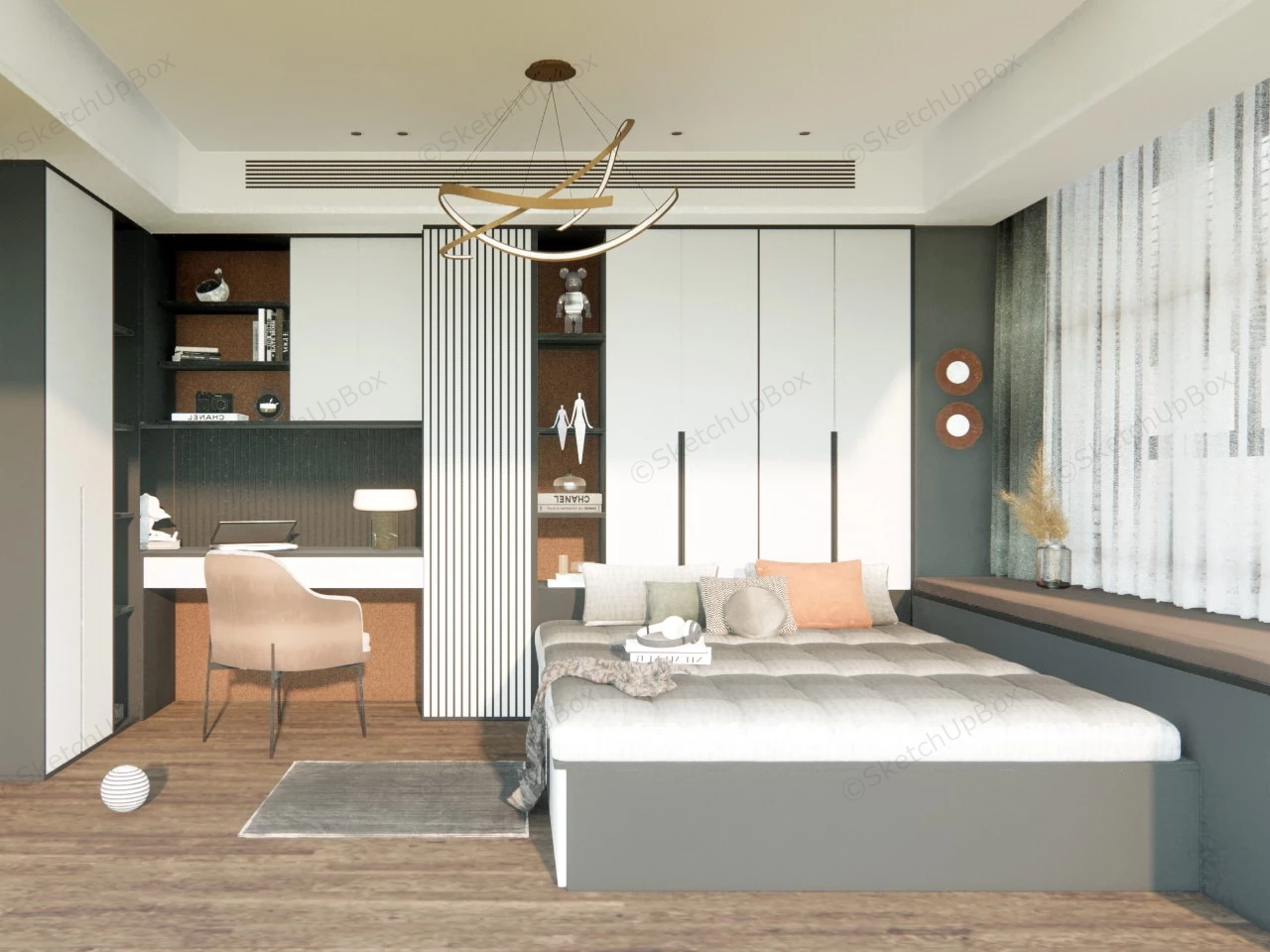 Modern Bedroom With Office Space Ideas sketchup model preview - SketchupBox