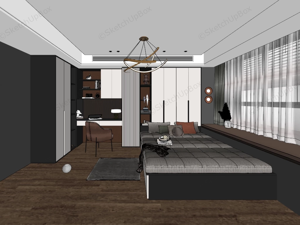 Modern Bedroom With Office Space Ideas sketchup model preview - SketchupBox