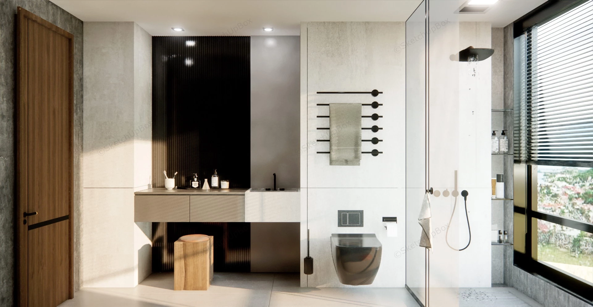 White & Black Bathroom With Shower sketchup model preview - SketchupBox