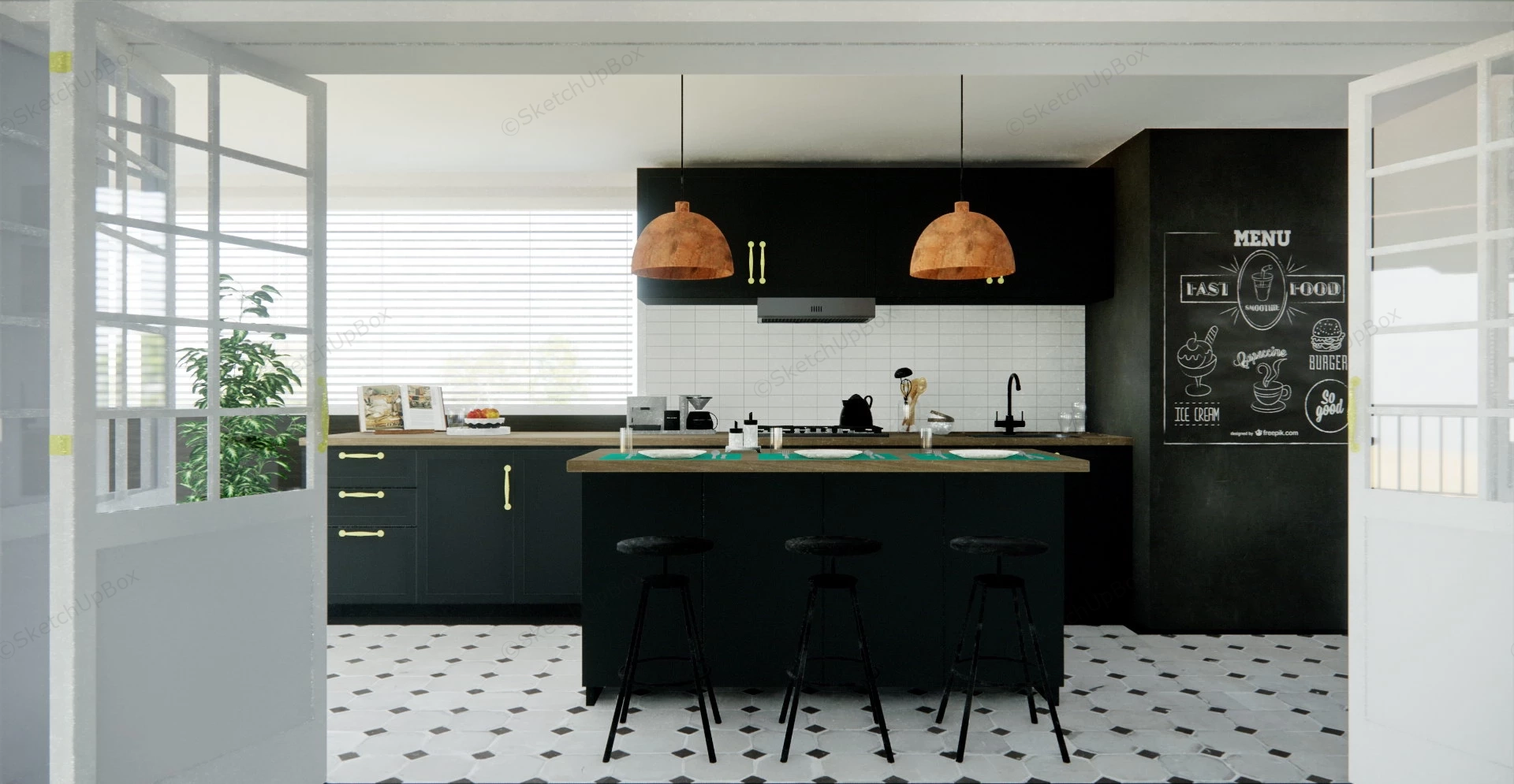 Black Kitchen With Island sketchup model preview - SketchupBox