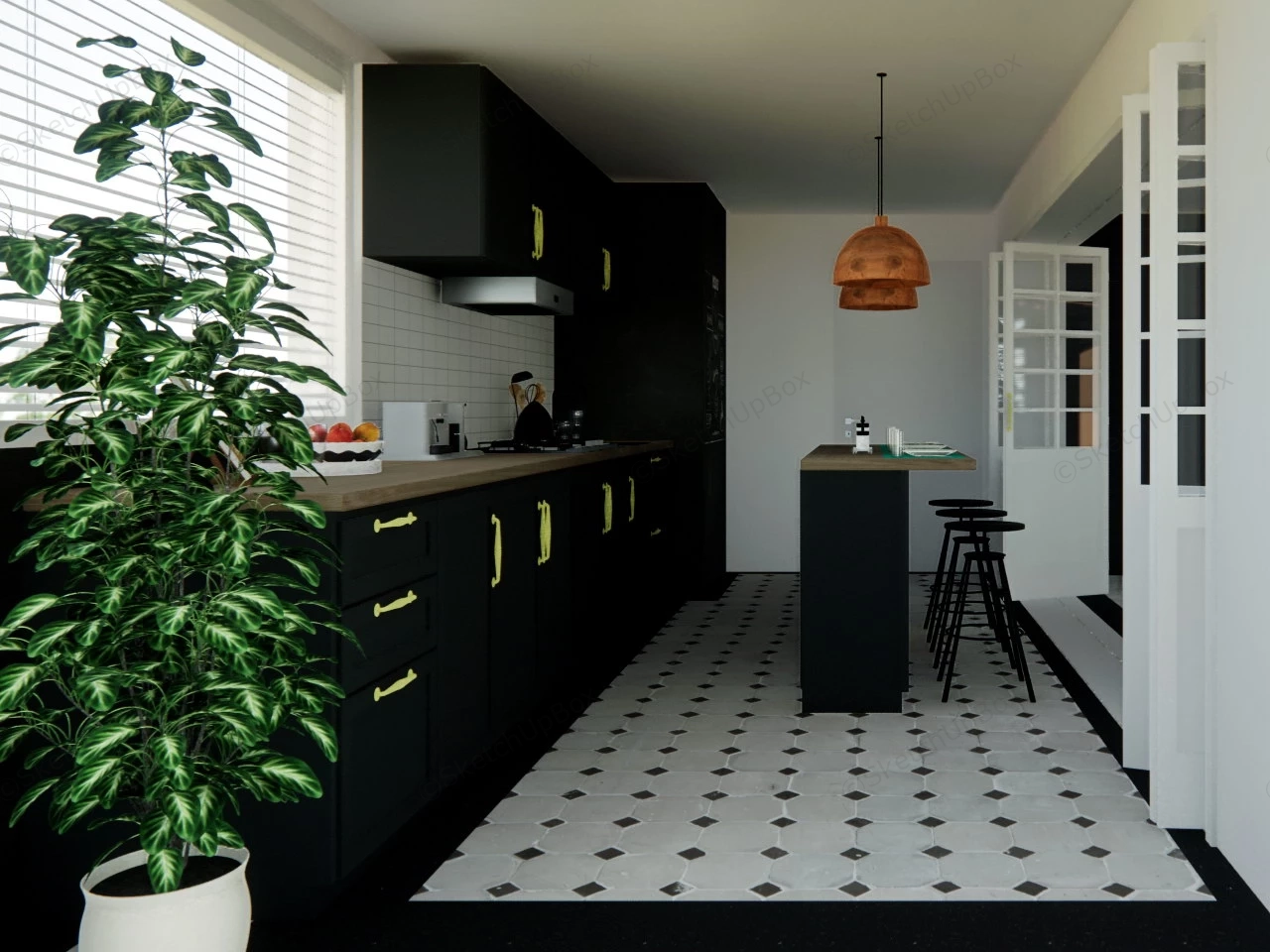 Black Kitchen With Island sketchup model preview - SketchupBox