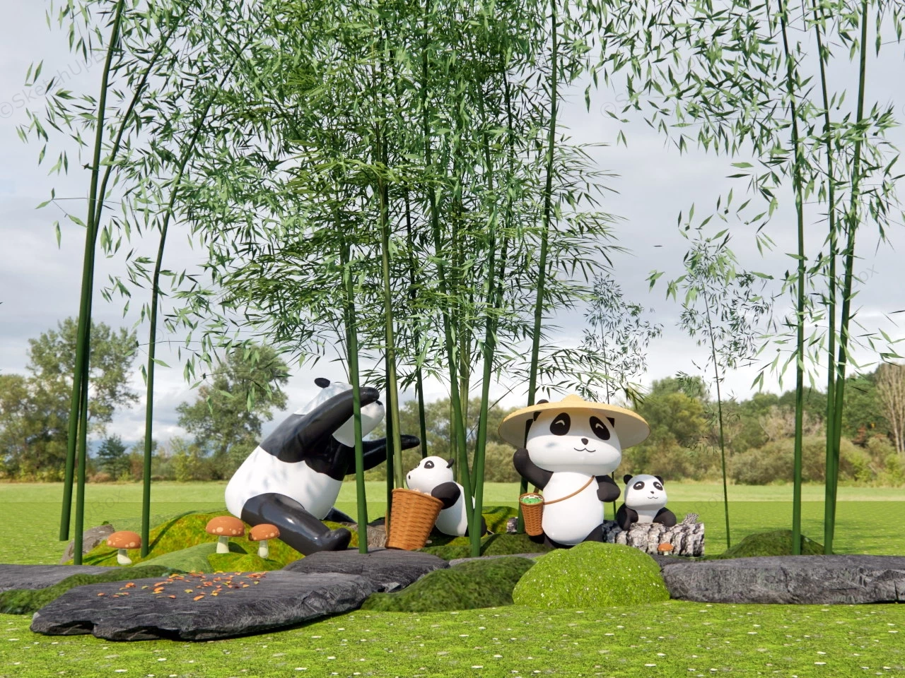 Panda Family Garden Statue Set sketchup model preview - SketchupBox