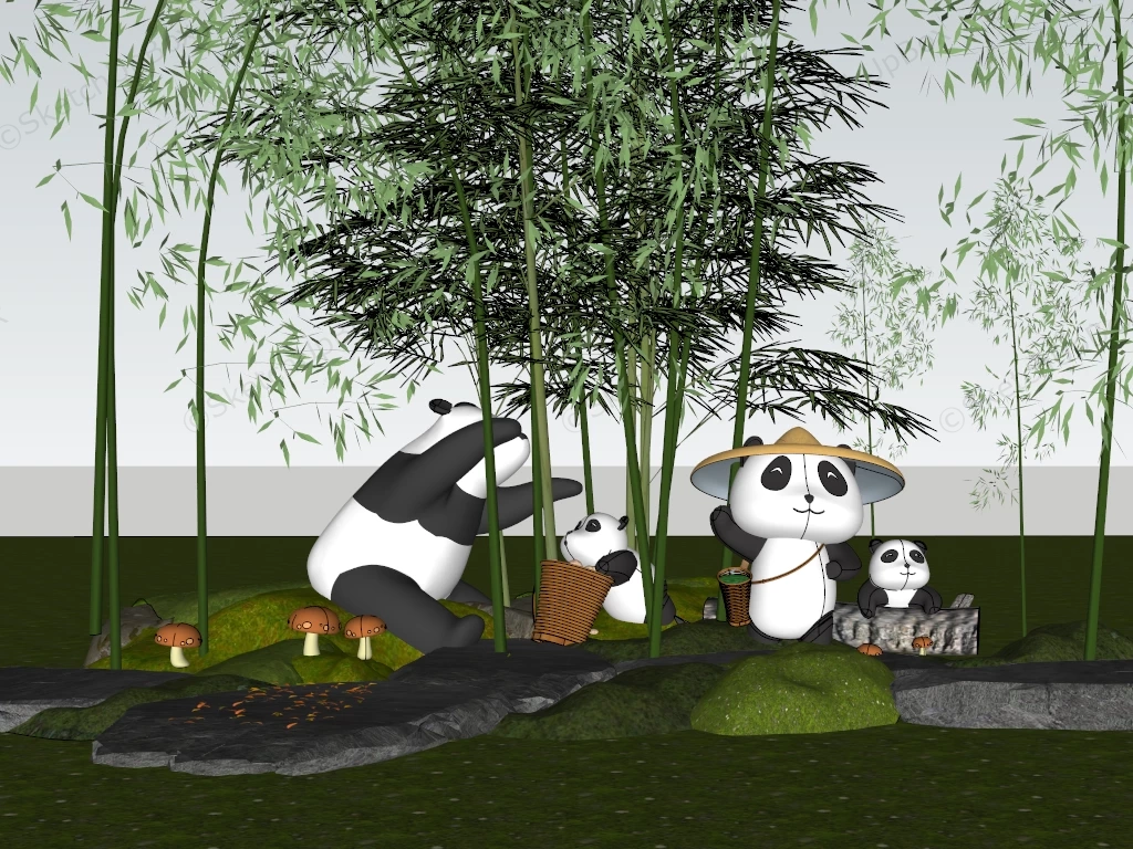 Panda Family Garden Statue Set sketchup model preview - SketchupBox