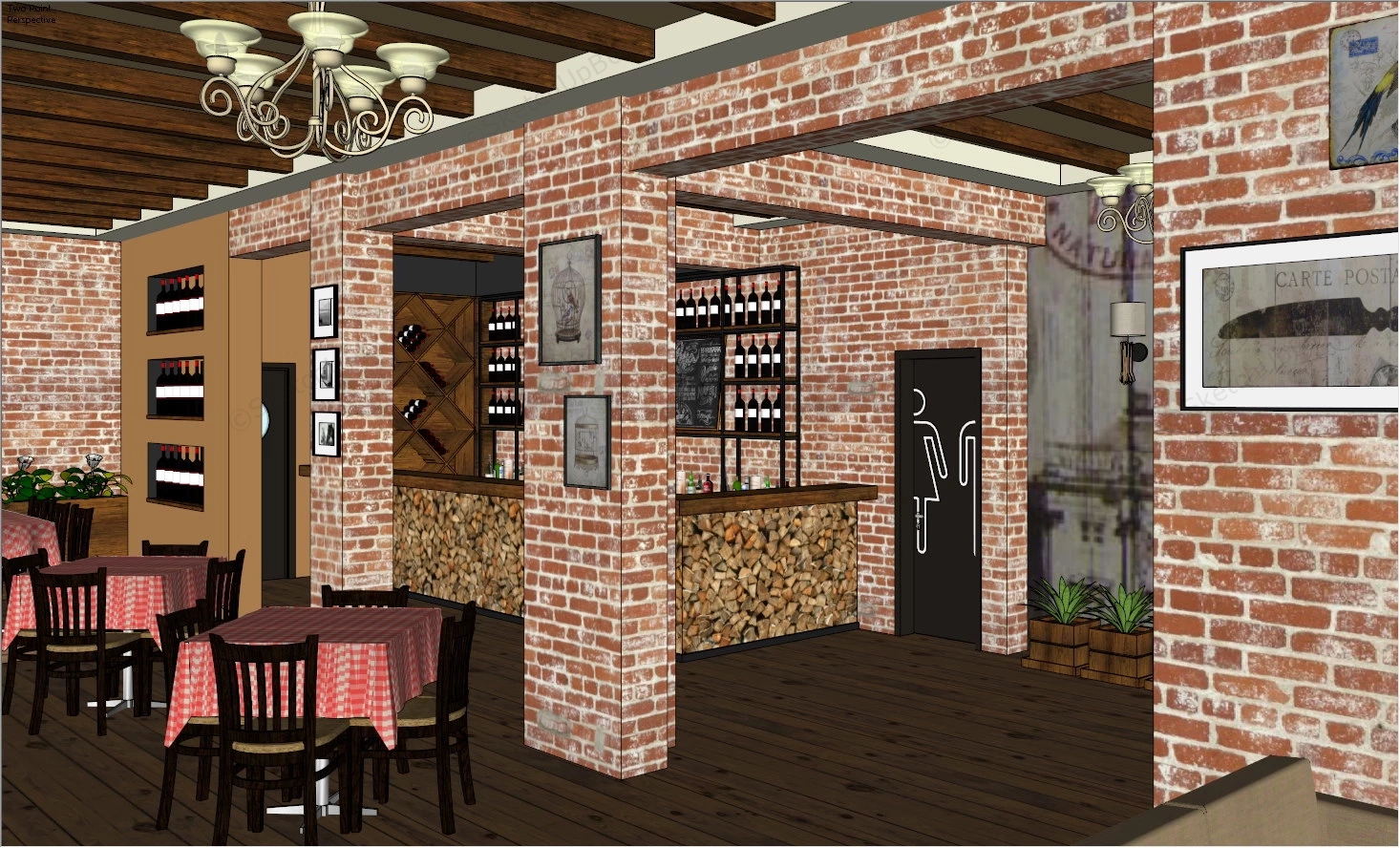 Red Brick Restaurant Interior Design sketchup model preview - SketchupBox