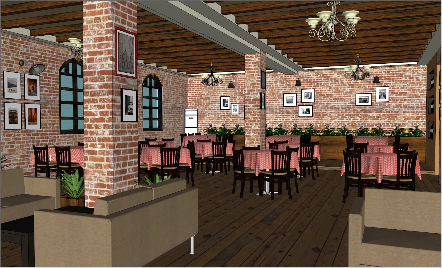 Red Brick Restaurant Interior Design sketchup model preview - SketchupBox