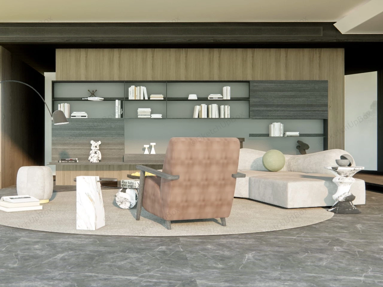 Modern Living Room With Bookcase sketchup model preview - SketchupBox