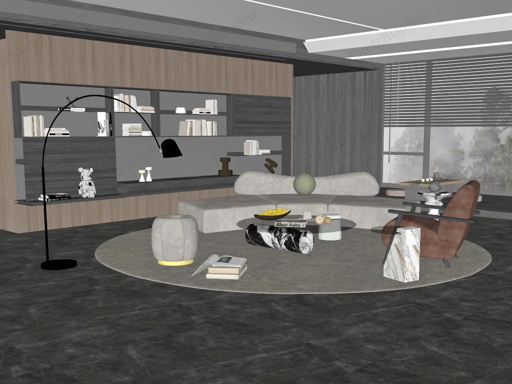 Modern Living Room With Bookcase sketchup model preview - SketchupBox