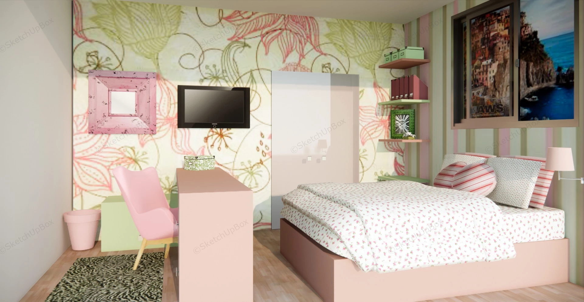 Fancy Teenage Girl Room With Desk sketchup model preview - SketchupBox