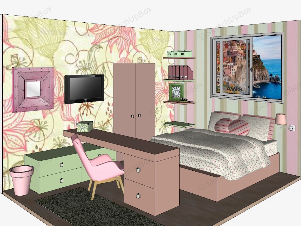 Fancy Teenage Girl Room With Desk sketchup model preview - SketchupBox