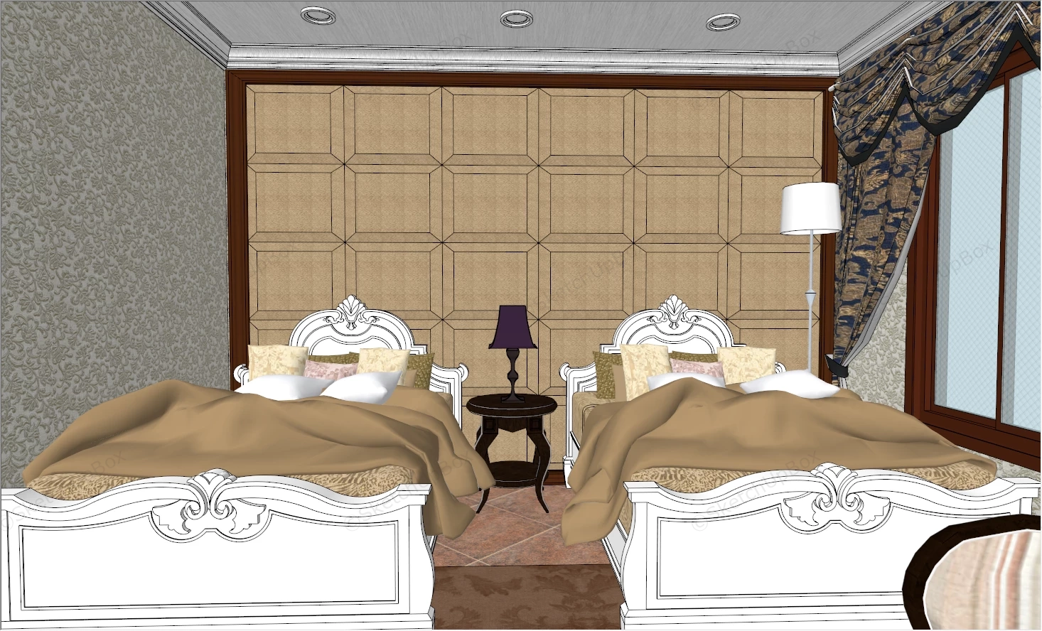 Twin Bed Hotel Room sketchup model preview - SketchupBox