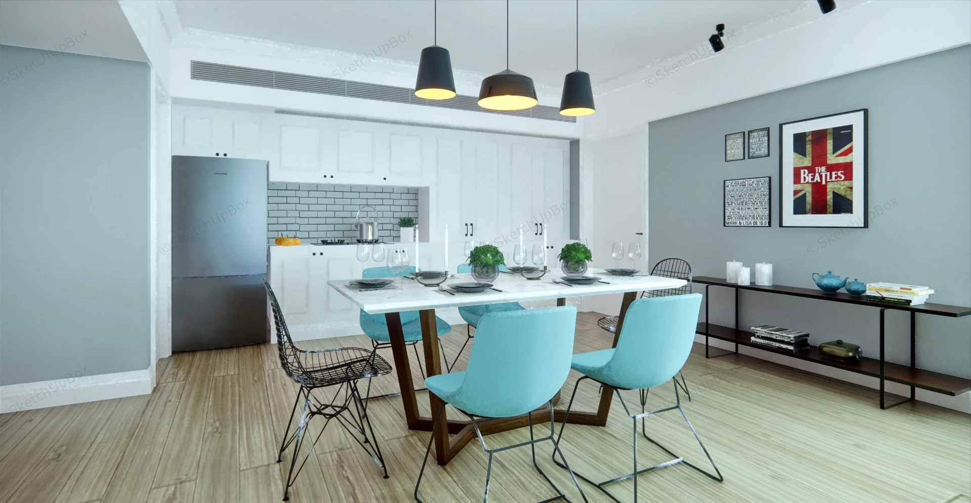 Living Room Dining Room Kitchen Combo sketchup model preview - SketchupBox