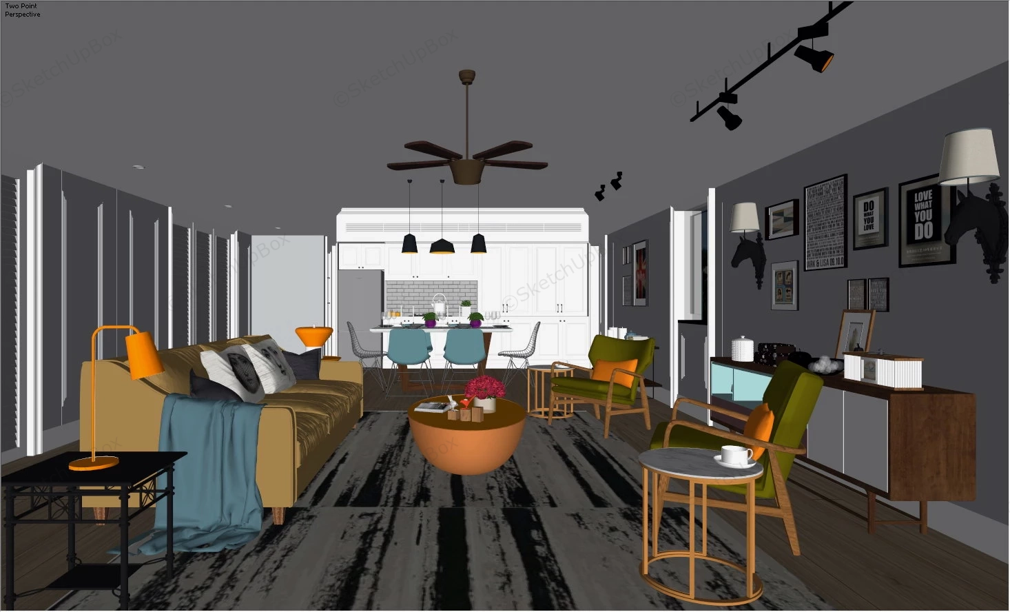 Living Room Dining Room Kitchen Combo sketchup model preview - SketchupBox