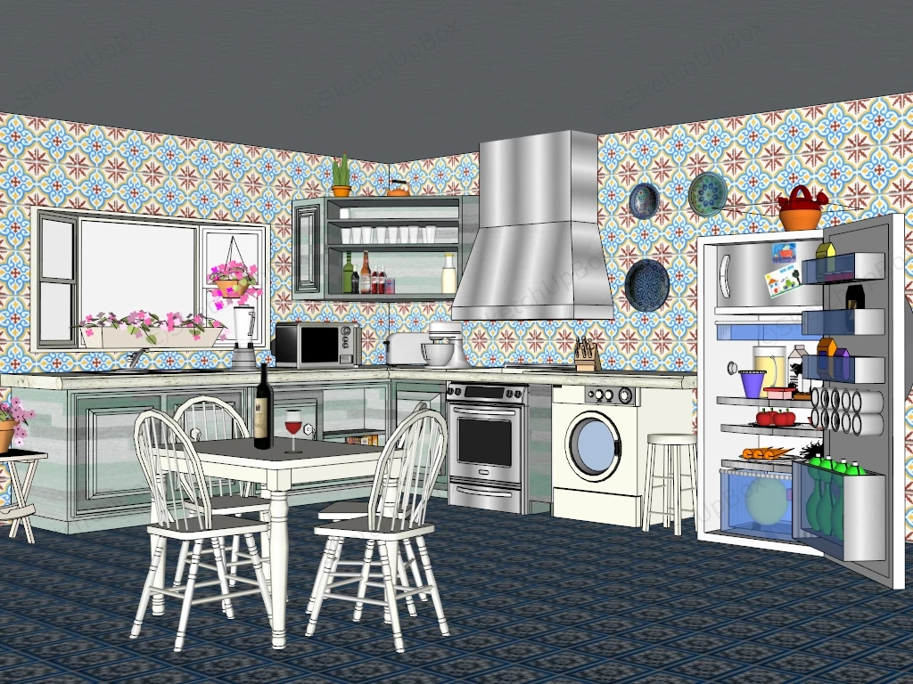 Vintage Kitchen With Dining Set sketchup model preview - SketchupBox