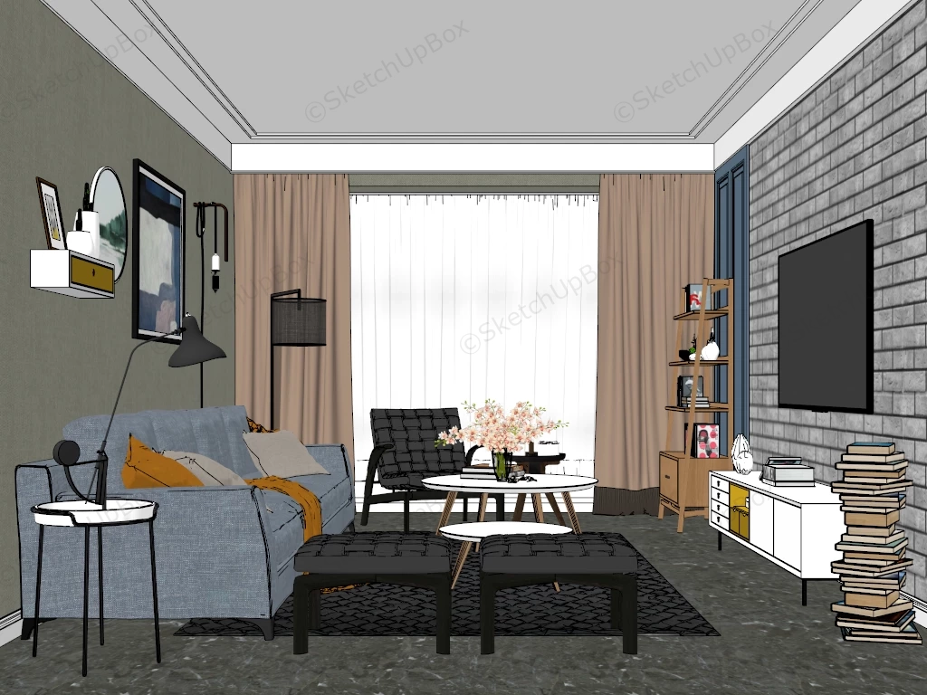 Rustic Brick Wall Living Room Idea sketchup model preview - SketchupBox