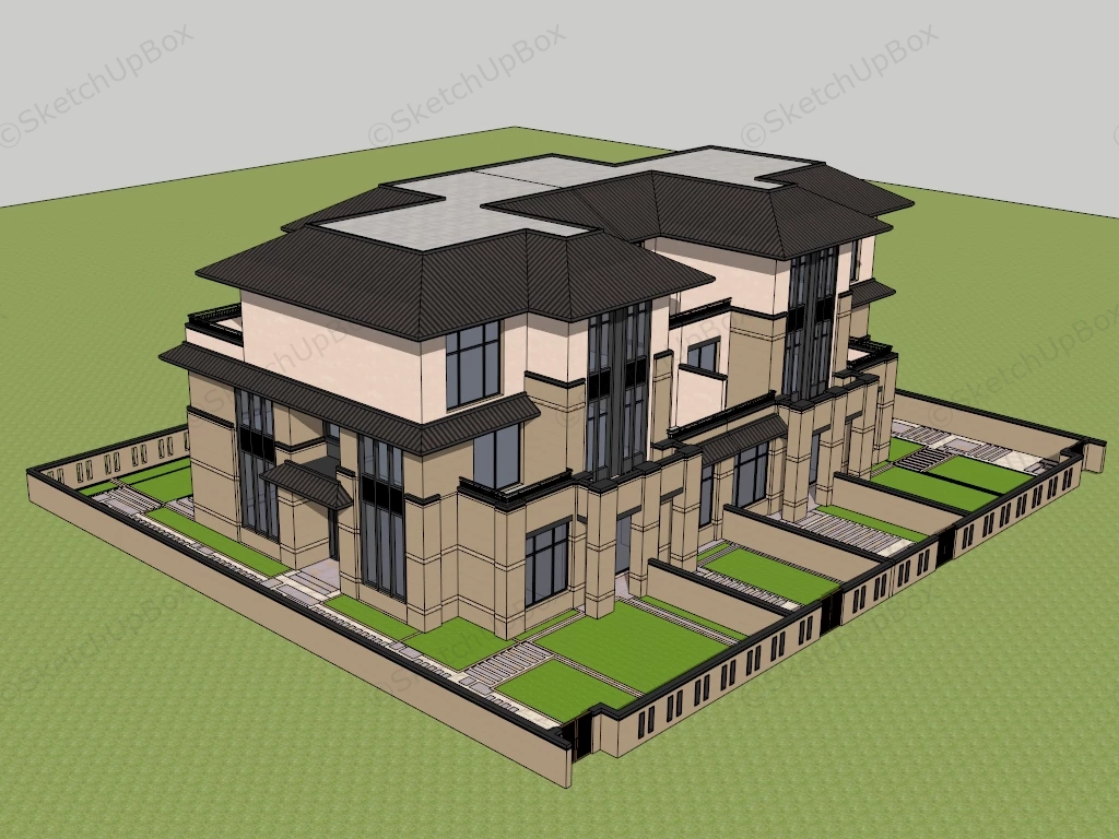 Modern Asian Terraced House sketchup model preview - SketchupBox