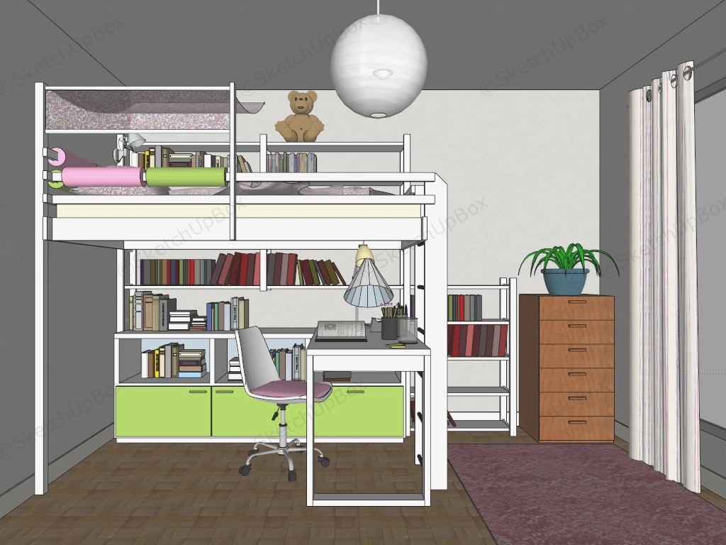 Loft Bed Kids Room With Desk sketchup model preview - SketchupBox