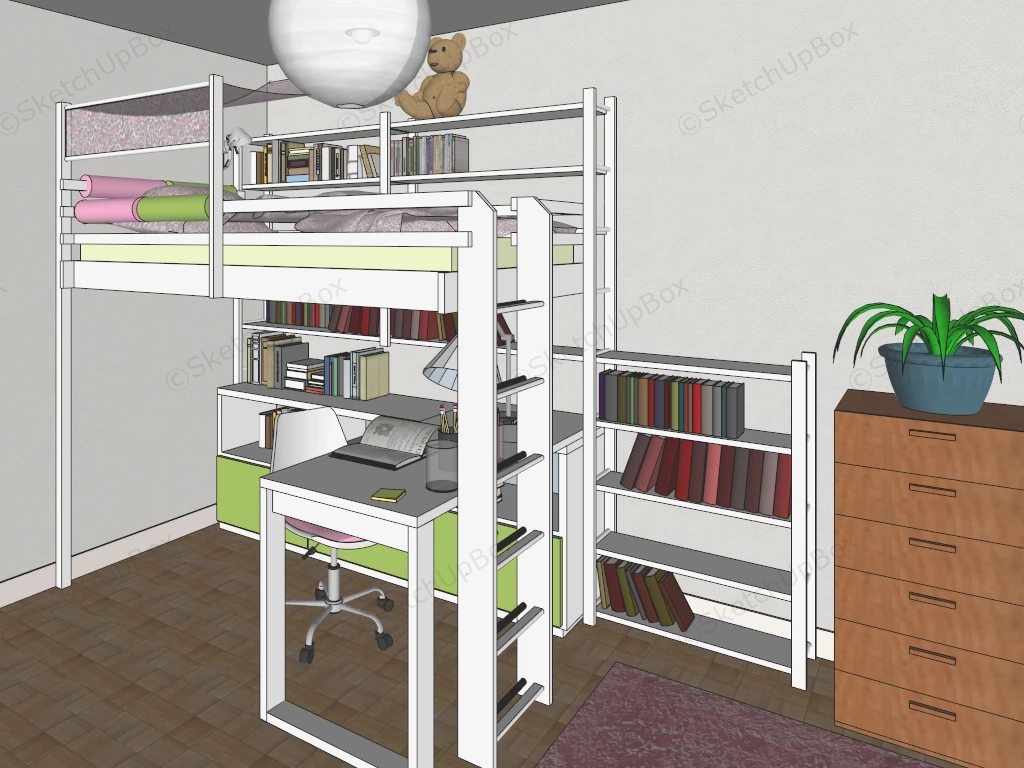 Loft Bed Kids Room With Desk sketchup model preview - SketchupBox