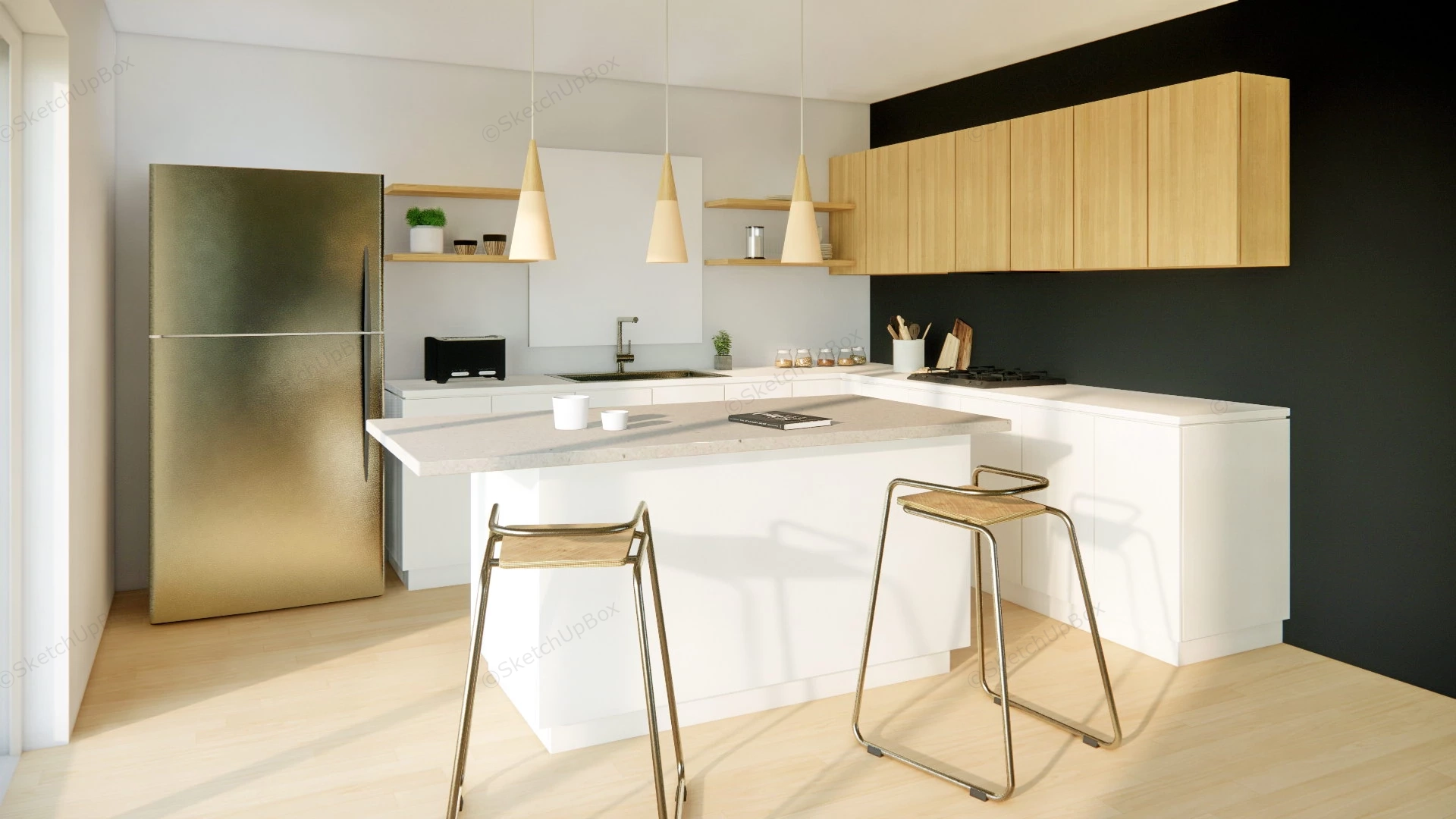 White And Black Kitchen With Island sketchup model preview - SketchupBox