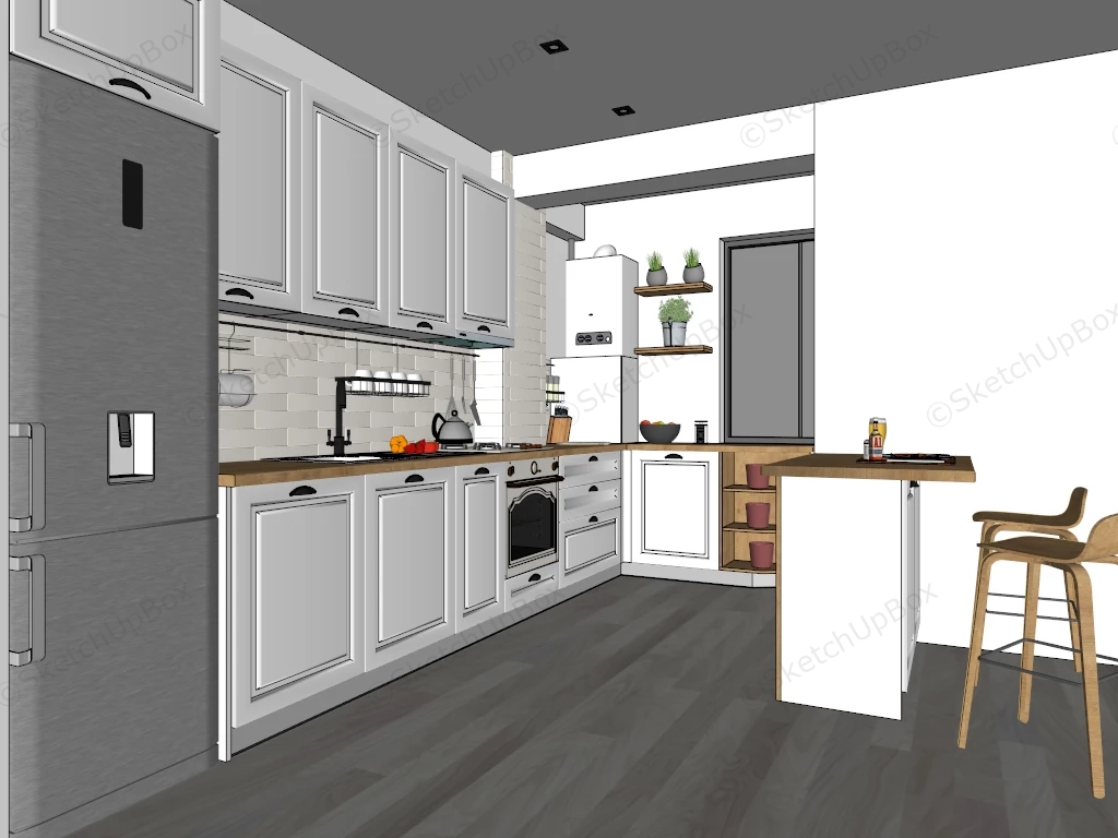 Narrow Kitchen With Breakfast Bar sketchup model preview - SketchupBox