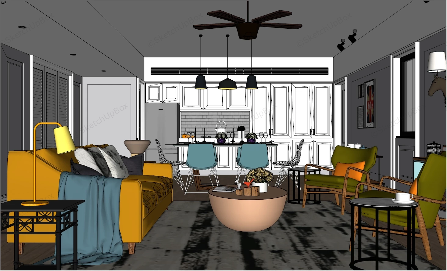 Living Room Kitchen Dining Room Combo sketchup model preview - SketchupBox